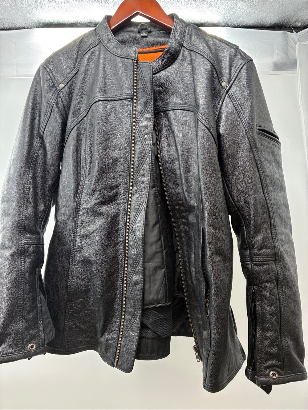 Black Leather Riding Jacket with Orange Lining